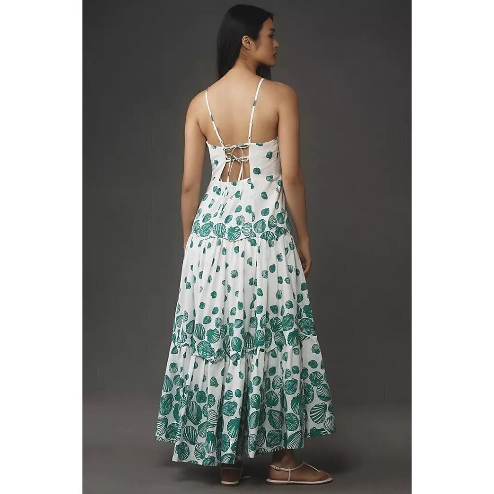 NWT Anthropologie Maeve Halter Tiered Lined Maxi Dress Green Seashells Size S - Picture 3 of 5